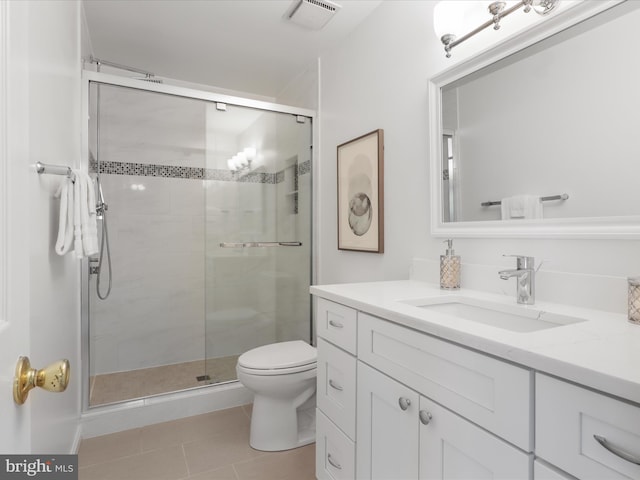 full bath featuring visible vents, tile patterned floors, toilet, and a shower stall