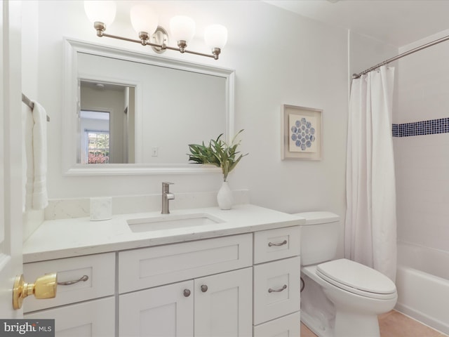 full bath with vanity, shower / bathtub combination with curtain, and toilet