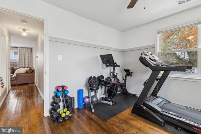 exercise room with ceiling fan, baseboards, and hardwood / wood-style flooring