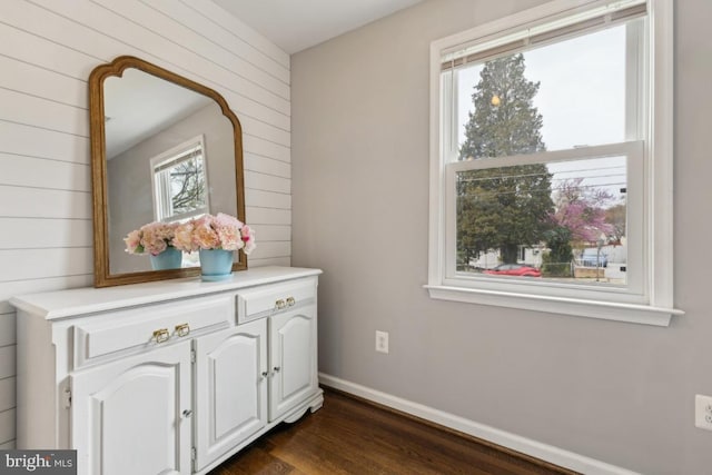 room details featuring wood finished floors, wooden walls, and baseboards
