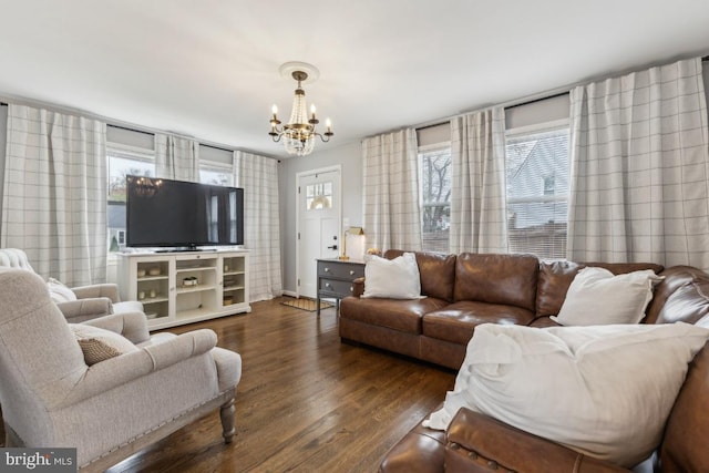 living area with a wealth of natural light, a chandelier, and wood finished floors