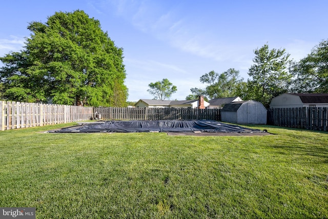 view of yard with a storage shed, a patio, an outdoor structure, and a fenced backyard