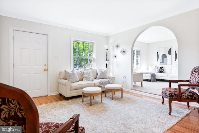 living area featuring arched walkways and light wood finished floors