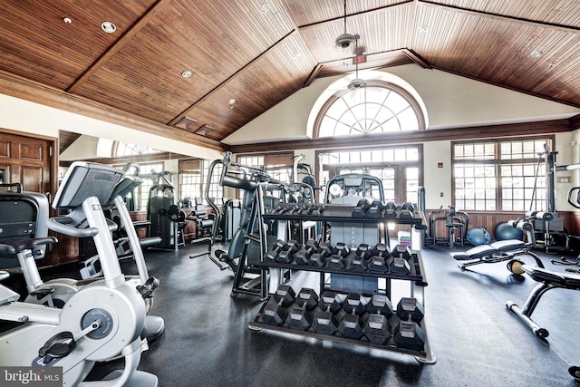 gym with wood ceiling, a wainscoted wall, and lofted ceiling