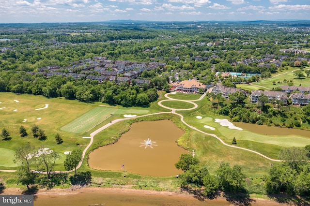 aerial view with view of golf course, a water view, and a residential view