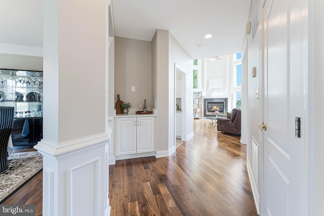 hall featuring dark wood finished floors, ornamental molding, and recessed lighting
