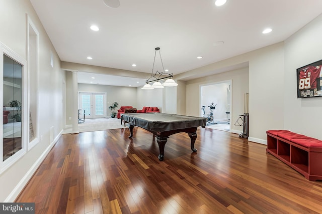 game room with recessed lighting, wood finished floors, pool table, baseboards, and french doors