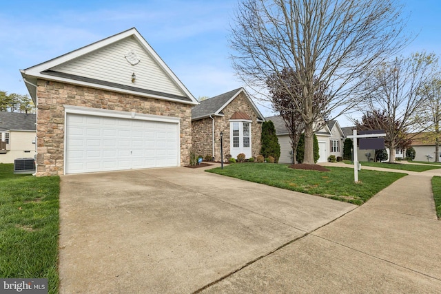 single story home featuring concrete driveway, central air condition unit, stone siding, a front lawn, and a garage