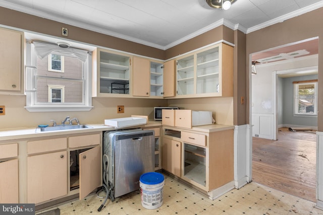 702 Chestnut St, Delanco, NJ 08075 - kitchen with light floors, glass insert cabinets, light countertops, ornamental molding, and a sink