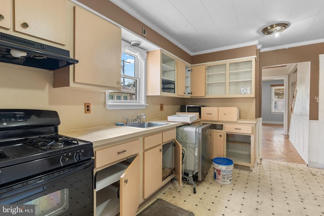 702 Chestnut St, Delanco, NJ 08075 - kitchen with a sink, under cabinet range hood, ornamental molding, black gas range oven, and light floors