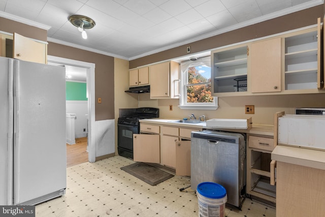 702 Chestnut St, Delanco, NJ 08075 - kitchen with light floors, freestanding refrigerator, dishwasher, black range with gas stovetop, and crown molding