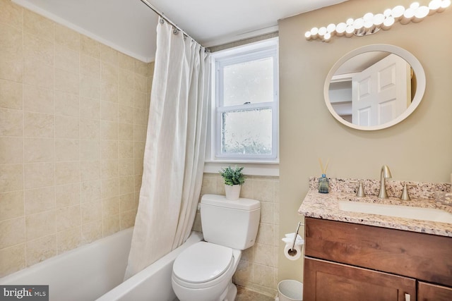 full bathroom featuring vanity, toilet, tile walls, and shower / tub combo with curtain