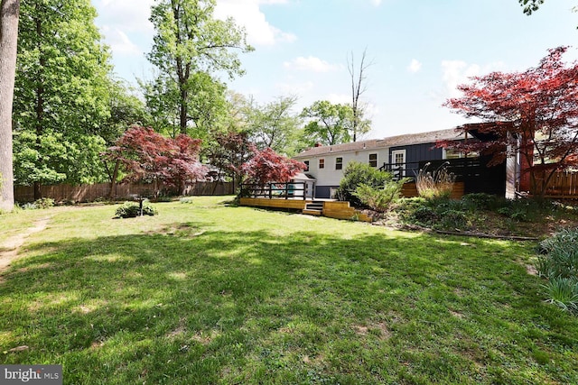 view of yard featuring a fenced backyard and a deck