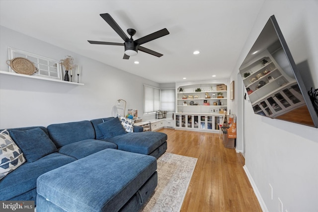 6 Birkshire Rd, Hamilton, NJ 08619 - living room with recessed lighting, wood finished floors, baseboards, built in shelves, and ceiling fan