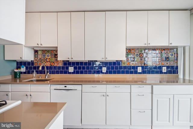 3333 University Blvd W Unit 1102, Kensington, MD 20895 - kitchen with white dishwasher, a sink, white cabinets, backsplash, and stainless steel countertops