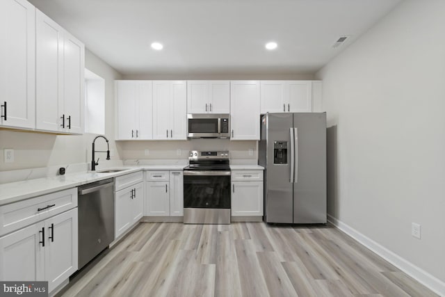 kitchen featuring appliances with stainless steel finishes, a sink, white cabinets, light wood finished floors, and recessed lighting
