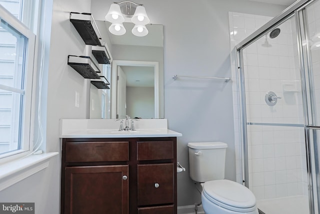 bathroom featuring toilet, a stall shower, and vanity