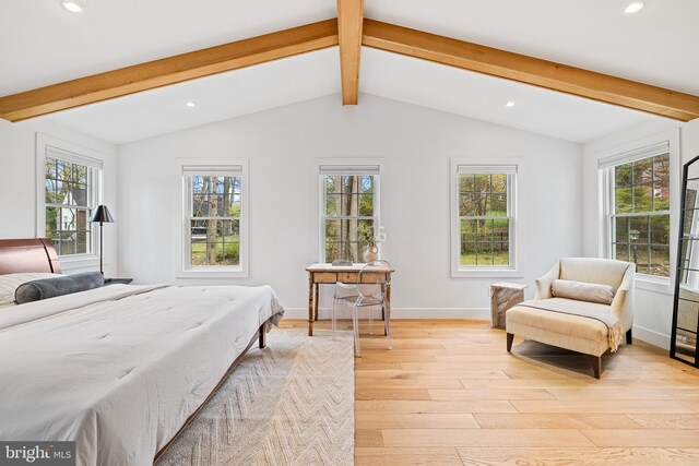 bedroom with light wood-style flooring, recessed lighting, and multiple windows