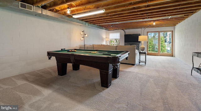 game room featuring carpet flooring, visible vents, billiards, and concrete block wall