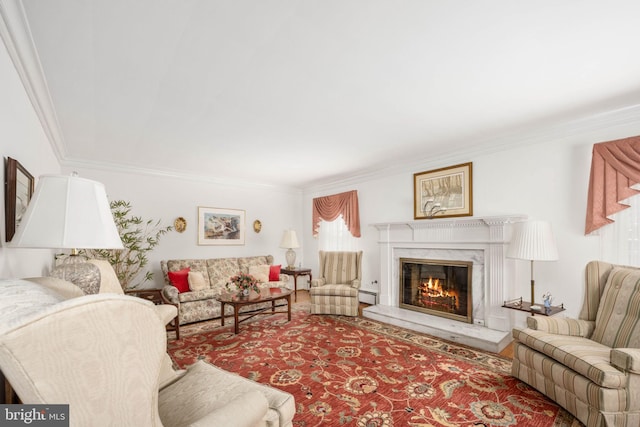 living room featuring a high end fireplace, a baseboard radiator, and crown molding