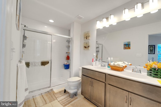 full bath featuring a stall shower, toilet, double vanity, tile patterned flooring, and recessed lighting