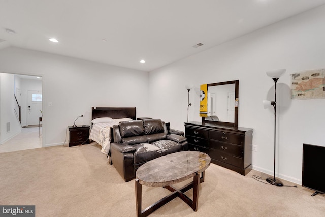 bedroom with light carpet, baseboards, and recessed lighting