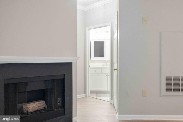 details with a fireplace, wood finished floors, a sink, baseboards, and ornamental molding