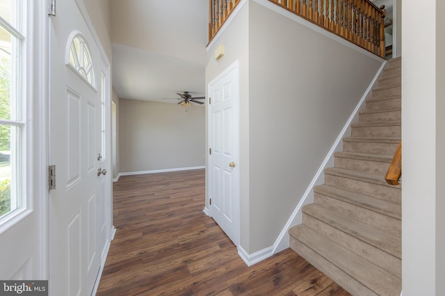 foyer entrance with stairs, baseboards, a healthy amount of sunlight, and wood finished floors