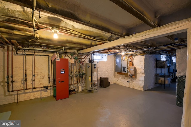 below grade area featuring electric panel and gas water heater