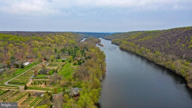 aerial view featuring a rural view, a wooded view, and a water view