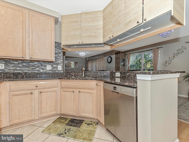 353 Fallsgrove Dr Unit 51, Rockville, MD 20850 - kitchen featuring a sink, dark stone counters, dishwasher, and light brown cabinets