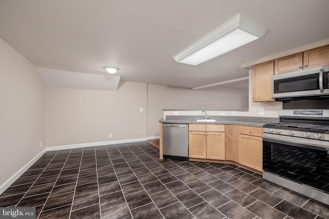 1465 N Van Dorn St, Alexandria, VA 22304 - kitchen featuring appliances with stainless steel finishes, light brown cabinets, baseboards, and a sink