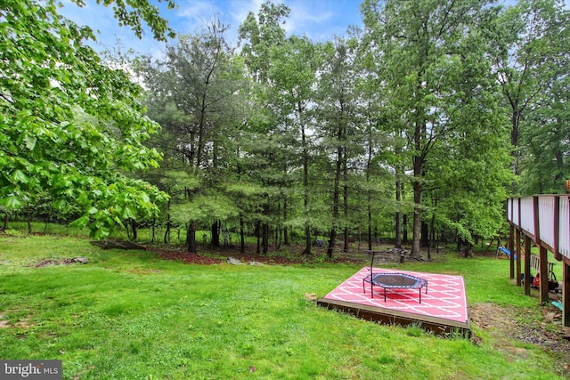 view of grassy yard with view of wooded area
