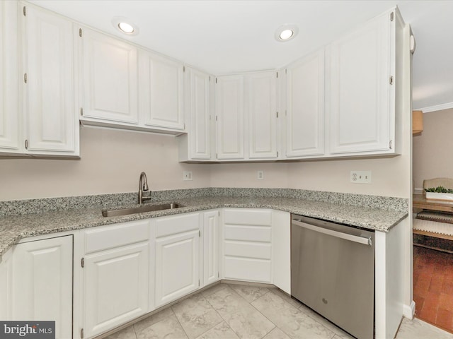 6093 Baldridge Ct, Frederick, MD 21701 - kitchen featuring dishwasher, a sink, white cabinets, recessed lighting, and light marble finish floors