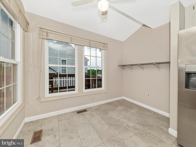 6093 Baldridge Ct, Frederick, MD 21701 - unfurnished dining area featuring vaulted ceiling, ceiling fan, and baseboards