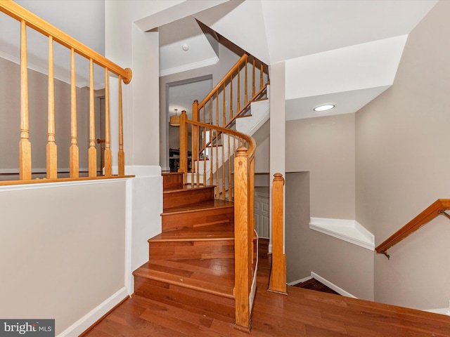 6093 Baldridge Ct, Frederick, MD 21701 - stairway with wood finished floors, baseboards, recessed lighting, and ornamental molding