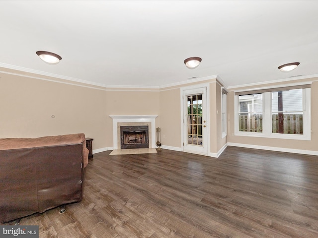 6093 Baldridge Ct, Frederick, MD 21701 - unfurnished living room with ornamental molding, a tiled fireplace, wood finished floors, and baseboards