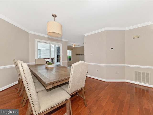 6093 Baldridge Ct, Frederick, MD 21701 - dining room with baseboards, wood finished floors, ornamental molding, and a ceiling fan