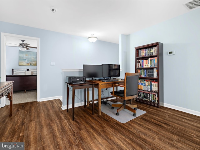 1121 Old Love Point Rd, Stevensville, MD 21666 - office with wood finished floors, visible vents, a ceiling fan, and baseboards