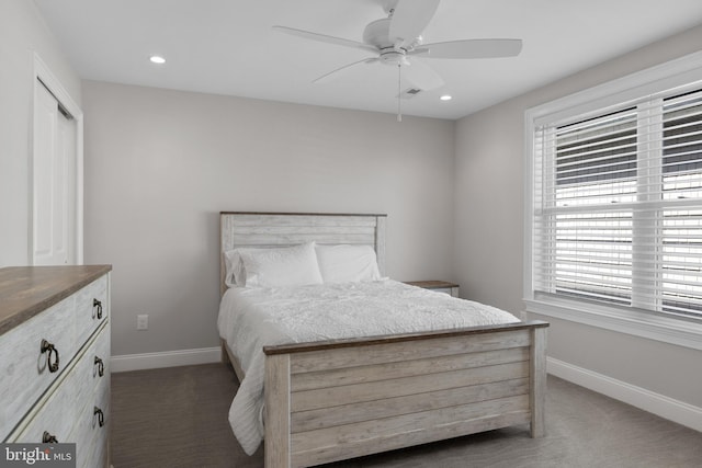 bedroom with carpet flooring, baseboards, ceiling fan, and recessed lighting