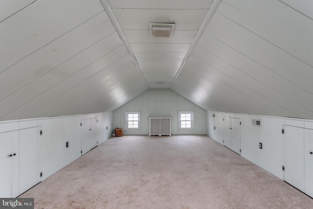 additional living space featuring carpet, vaulted ceiling, and visible vents