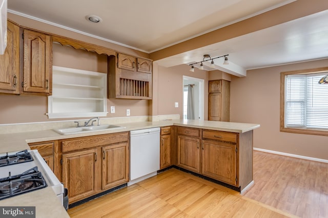 kitchen featuring light countertops, a sink, light wood-style floors, dishwasher, and a peninsula