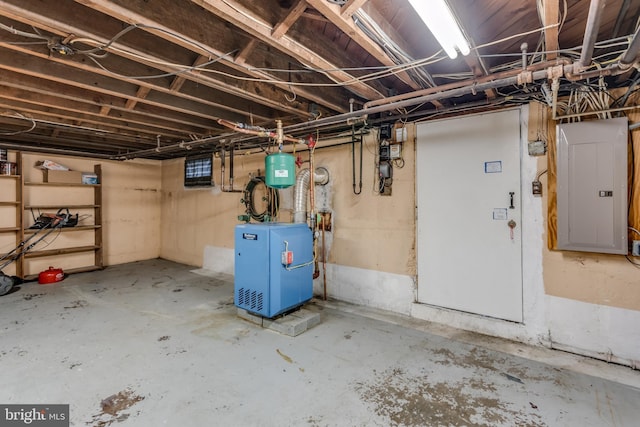 unfinished basement featuring electric panel and a heating unit