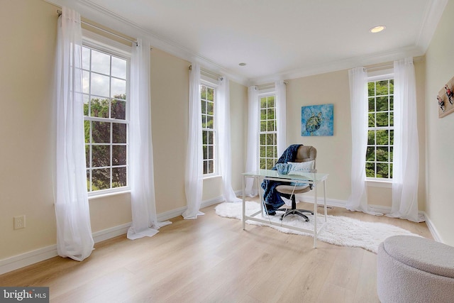 8177 Bodkin Ave, Pasadena, MD 21122 - office area with recessed lighting, baseboards, ornamental molding, and light wood-type flooring