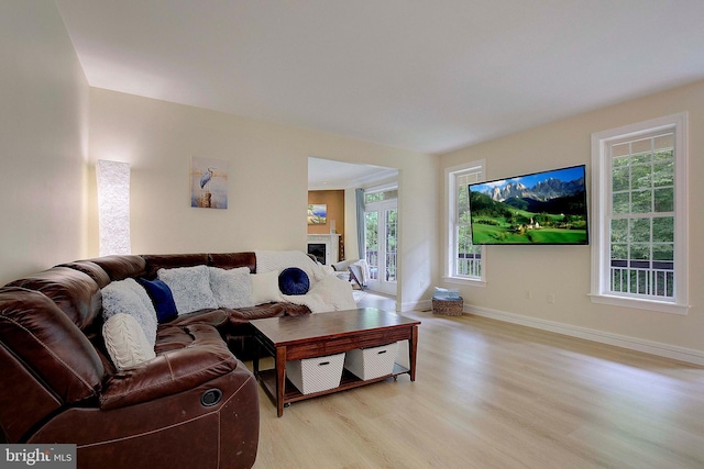 8177 Bodkin Ave, Pasadena, MD 21122 - living room with a fireplace, baseboards, and light wood-type flooring