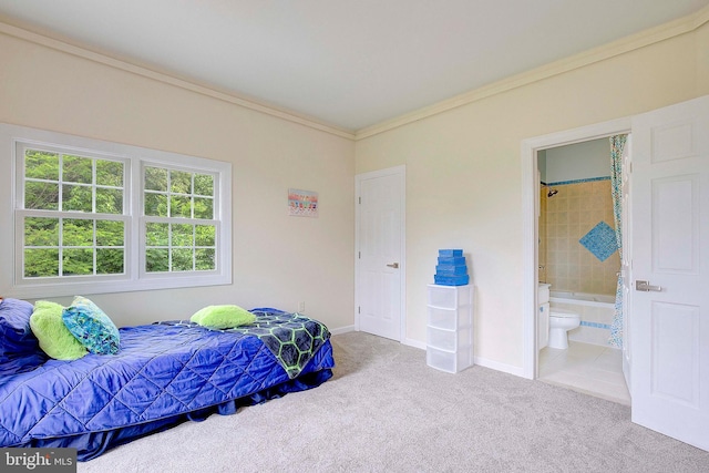 8177 Bodkin Ave, Pasadena, MD 21122 - bedroom featuring crown molding, baseboards, ensuite bathroom, and carpet