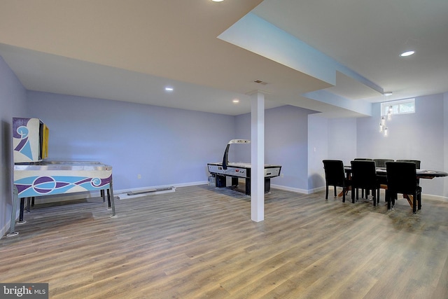 8177 Bodkin Ave, Pasadena, MD 21122 - rec room featuring baseboards, recessed lighting, wood finished floors, and visible vents