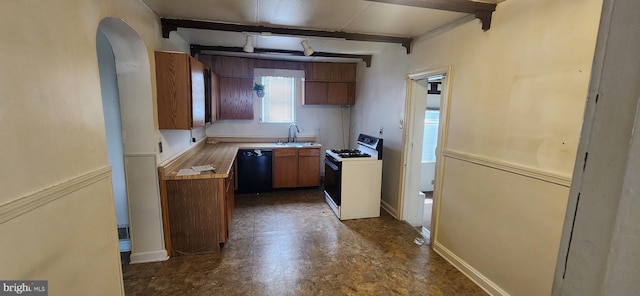 8323 Bear Creek Dr, Baltimore, MD 21222 - kitchen featuring a sink, brown cabinets, beamed ceiling, white gas range oven, and black dishwasher