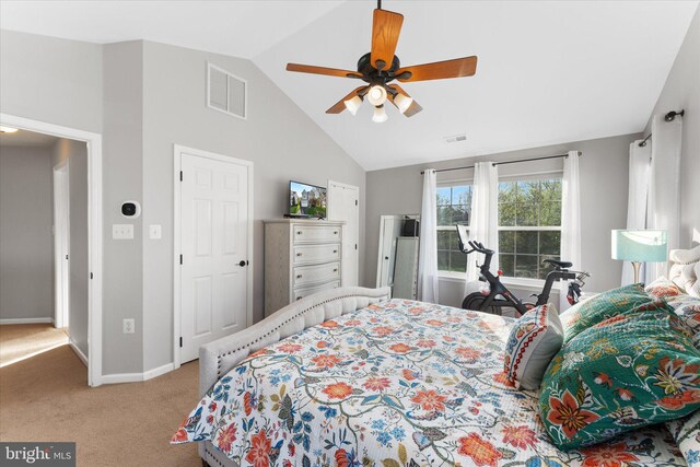 bedroom featuring carpet, visible vents, baseboards, and ceiling fan