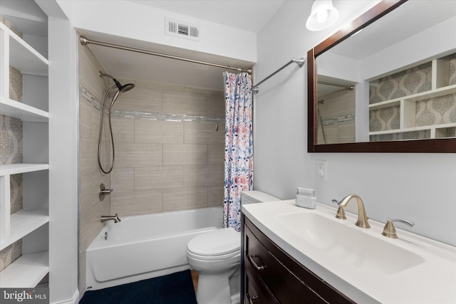 full bathroom with shower / tub combo, toilet, vanity, and visible vents